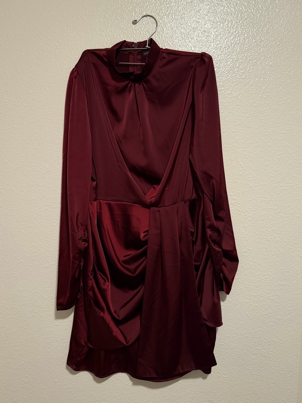 Fashion Nova Wine Satin Long Sleeve Draped Mini Dress